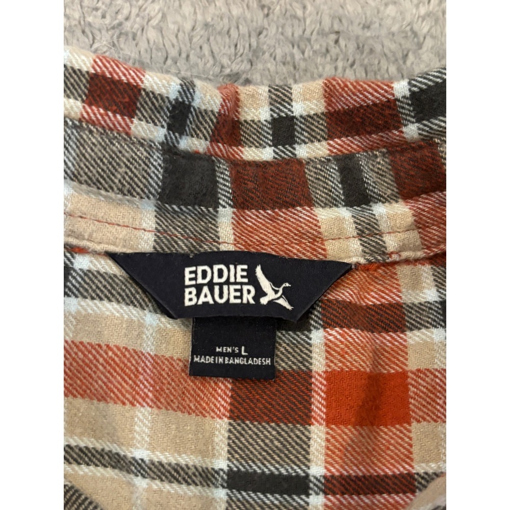Eddie Bauer Mens Large Plaid Flannel Shirt Orange Black White Long Sleeve Cotton - Picture 2 of 7